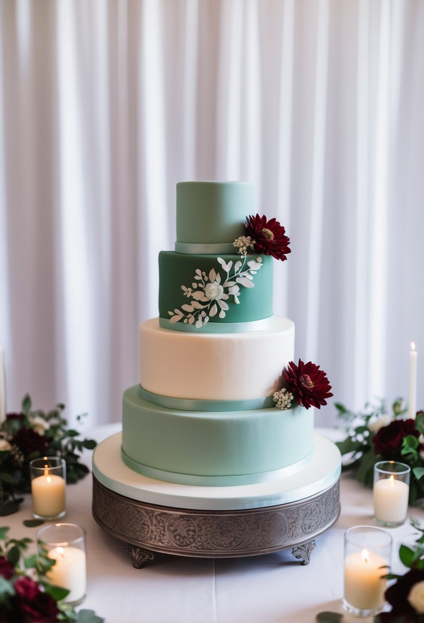 A three-tiered wedding cake with sage green and wine red floral designs, surrounded by coordinating decor and color-coordinated accents