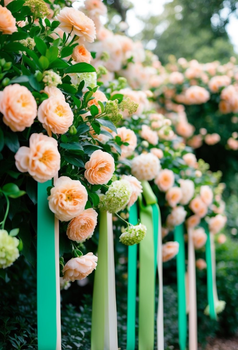 A lush peach and lime green garden with blooming flowers and cascading ribbons