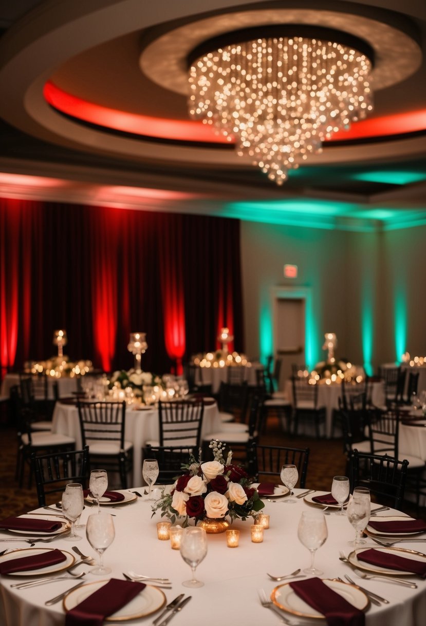 The reception room is bathed in warm wine red and sage green lighting, creating a romantic and elegant atmosphere for a wedding celebration