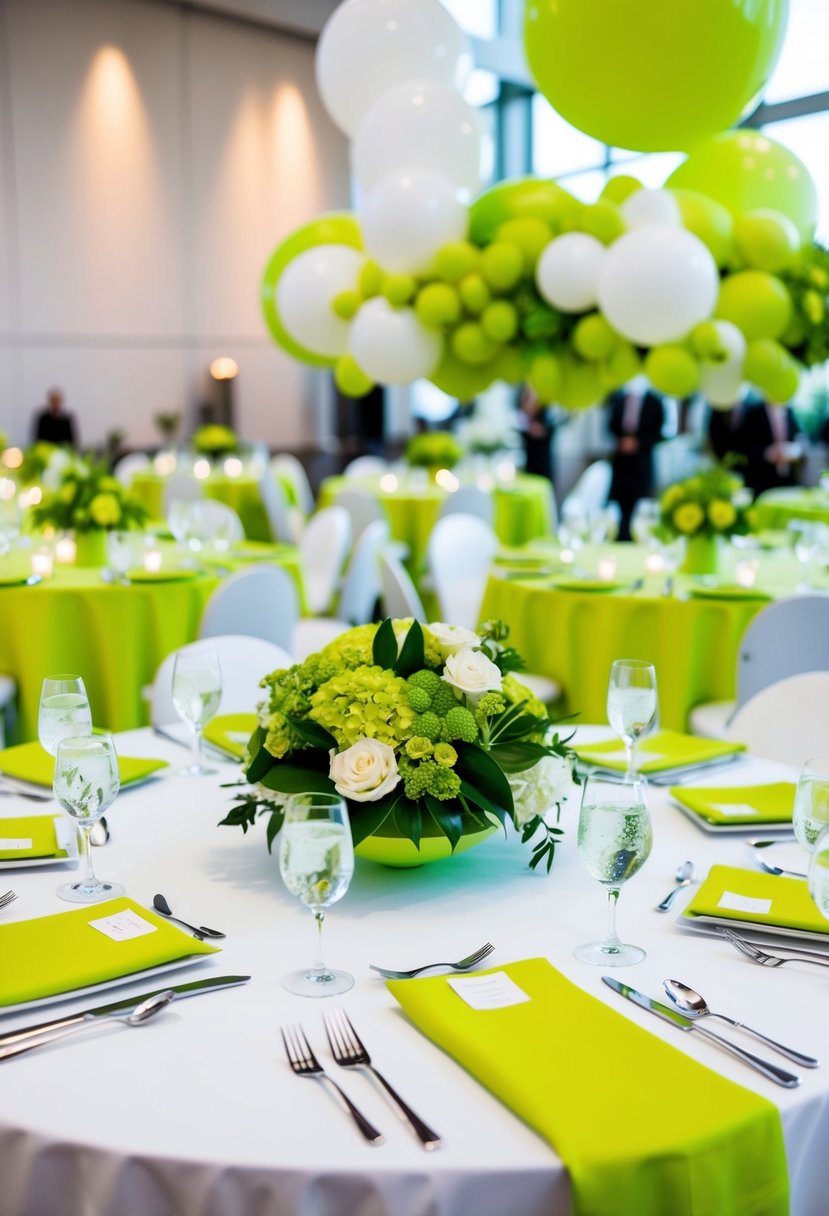 A modern wedding reception with bold lime green accents, including table centerpieces, napkins, and floral arrangements