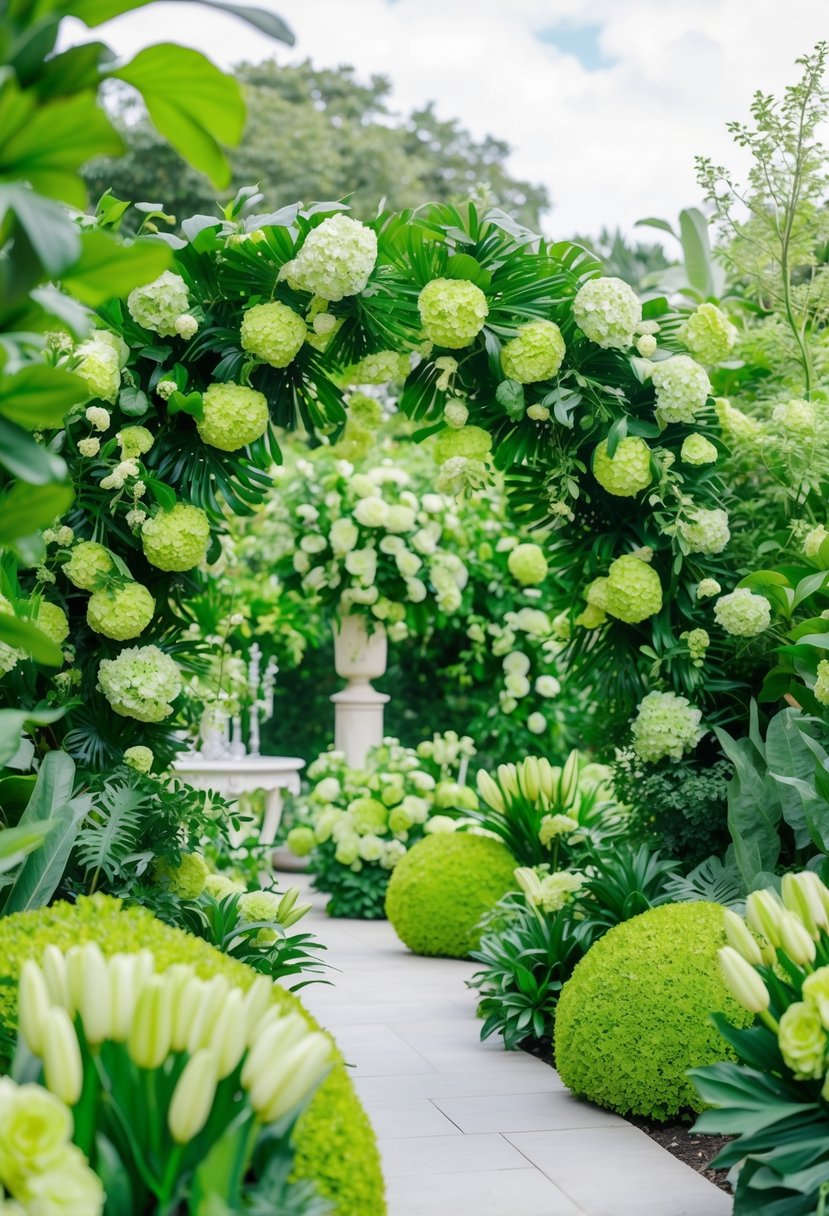 A lush garden filled with lime green flowers, foliage, and decor, creating a vibrant and elegant setting for a wedding