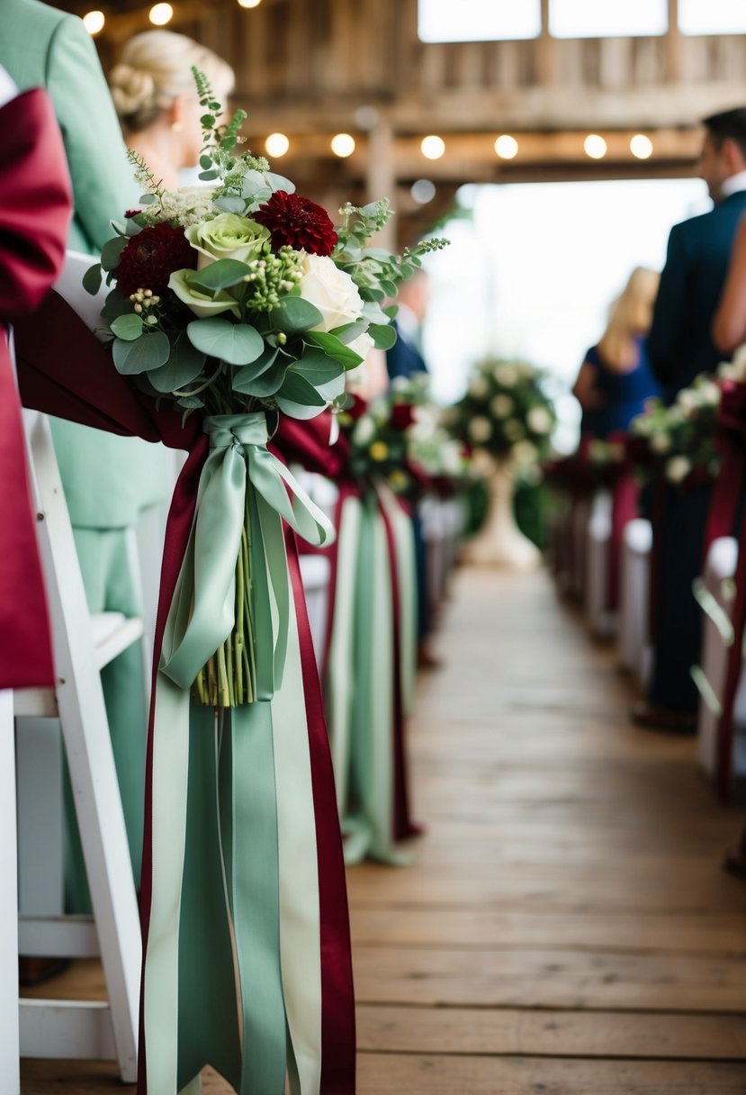 Sage green and wine red flowers and ribbons adorn a rustic aisle