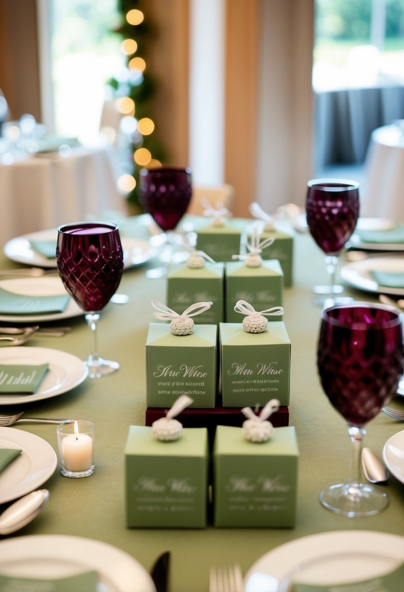 A table adorned with sage green and wine red wedding favors, surrounded by coordinating decorations