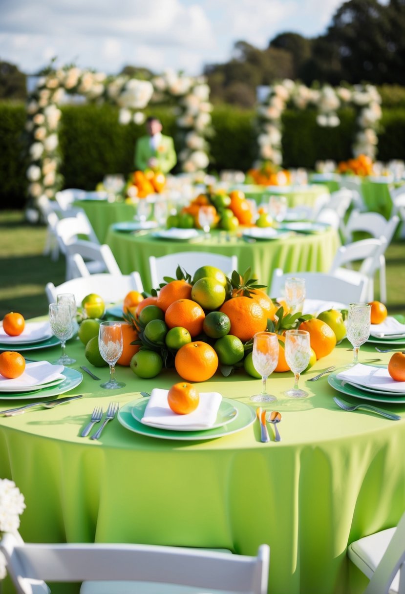 A lime green wedding table adorned with vibrant orange and lime citrus fruits, surrounded by matching floral arrangements