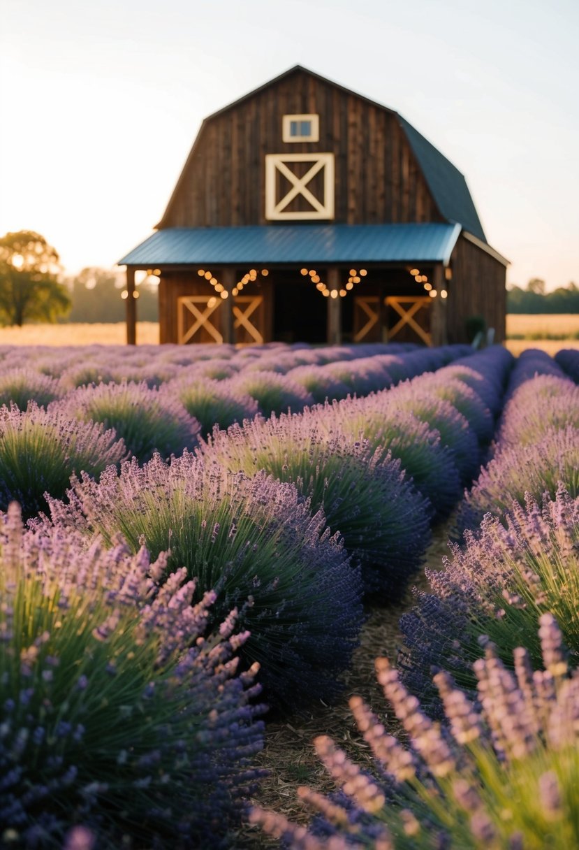 A lush lavender field under a golden sunset, with a rustic barn adorned in gold accents, creating a serene wedding setting