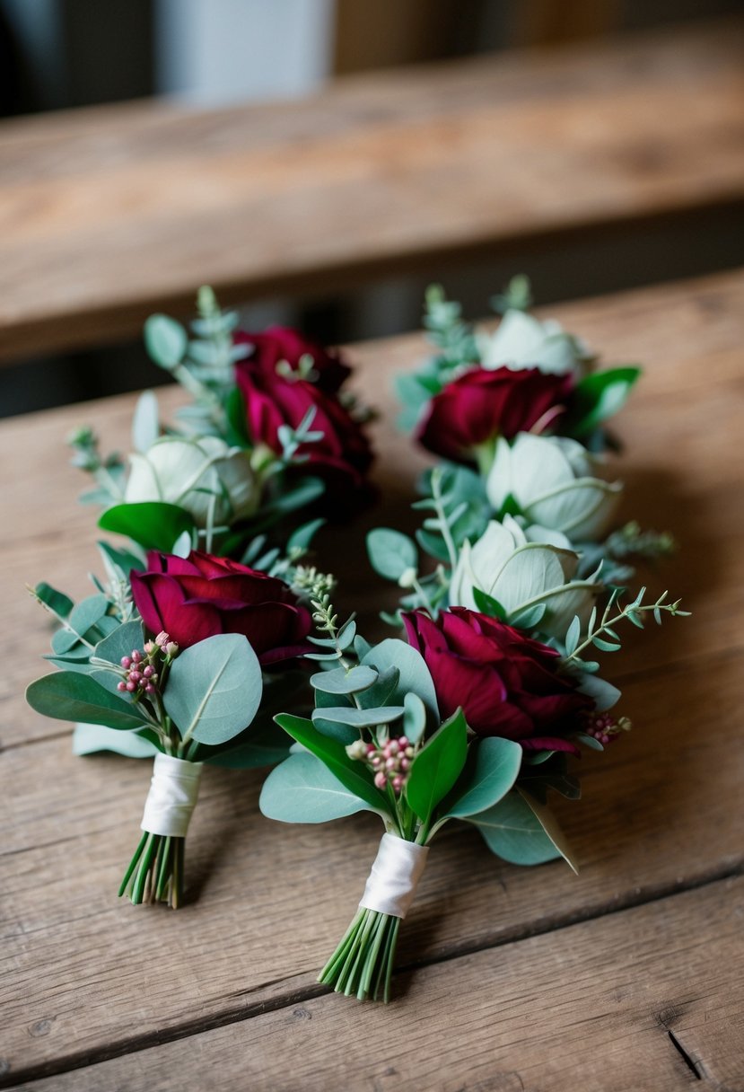 Sage green and wine red boutonnieres arranged on a rustic wooden table