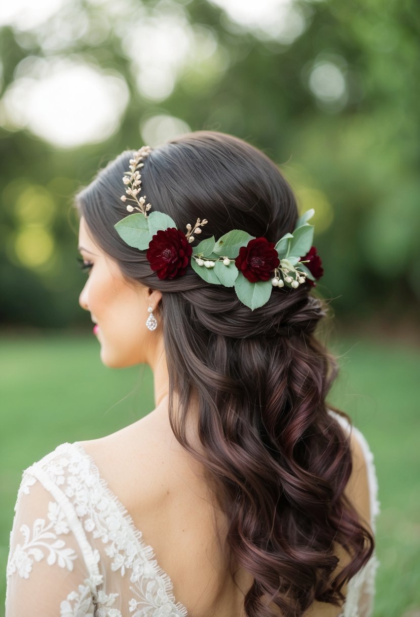 A bride's hair adorned with wine red and sage green floral hair accessories, complementing the wedding's color scheme