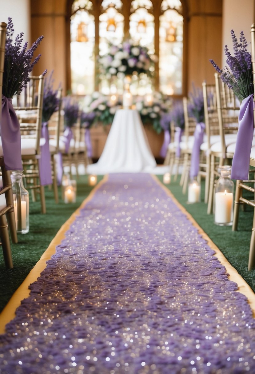 Lavender and gold aisle runners leading to an enchanting wedding altar