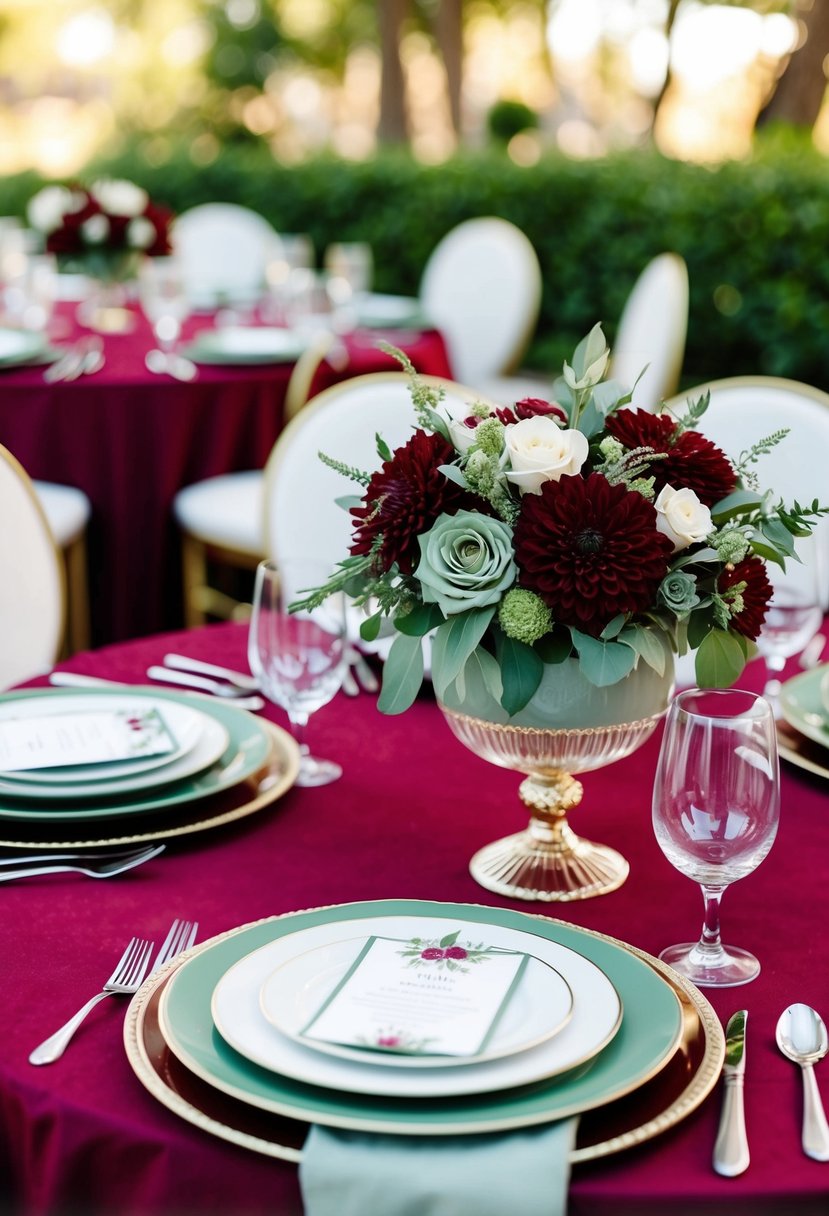 Sage green and wine red table settings with elegant floral centerpieces