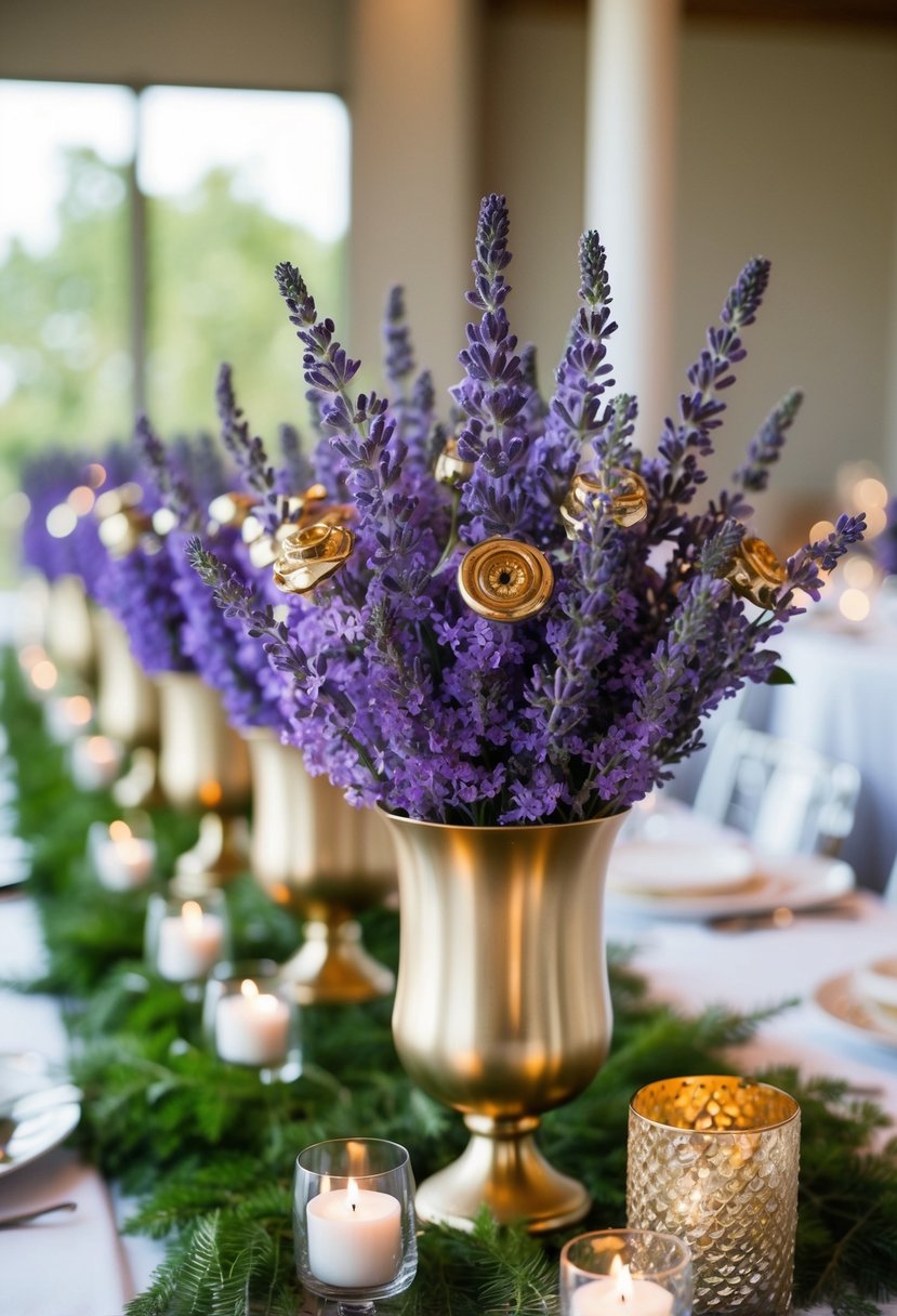 Lavender floral centerpieces with gold accents arranged on a table for a wedding celebration