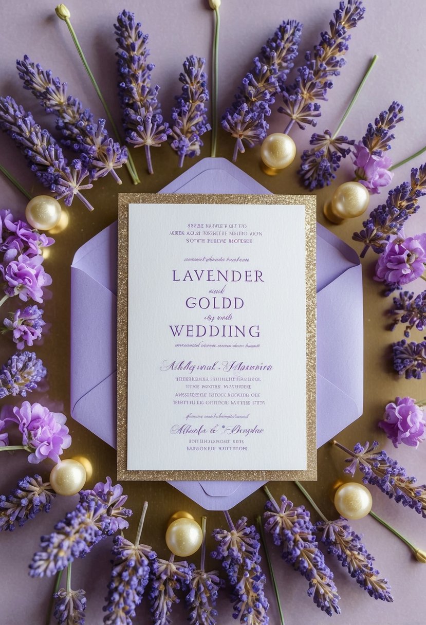 A lavender and gold wedding invitation surrounded by delicate lavender flowers and shimmering gold accents