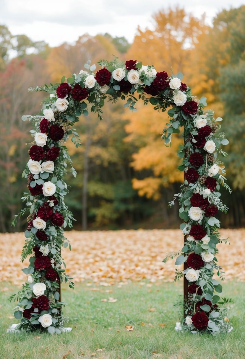 A wedding arch adorned with wine red and sage green flowers, set against a backdrop of fall foliage