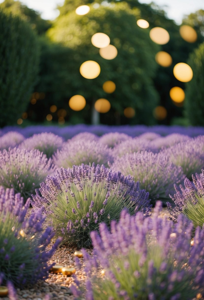 A lush lavender field with golden accents and touches of gold decor