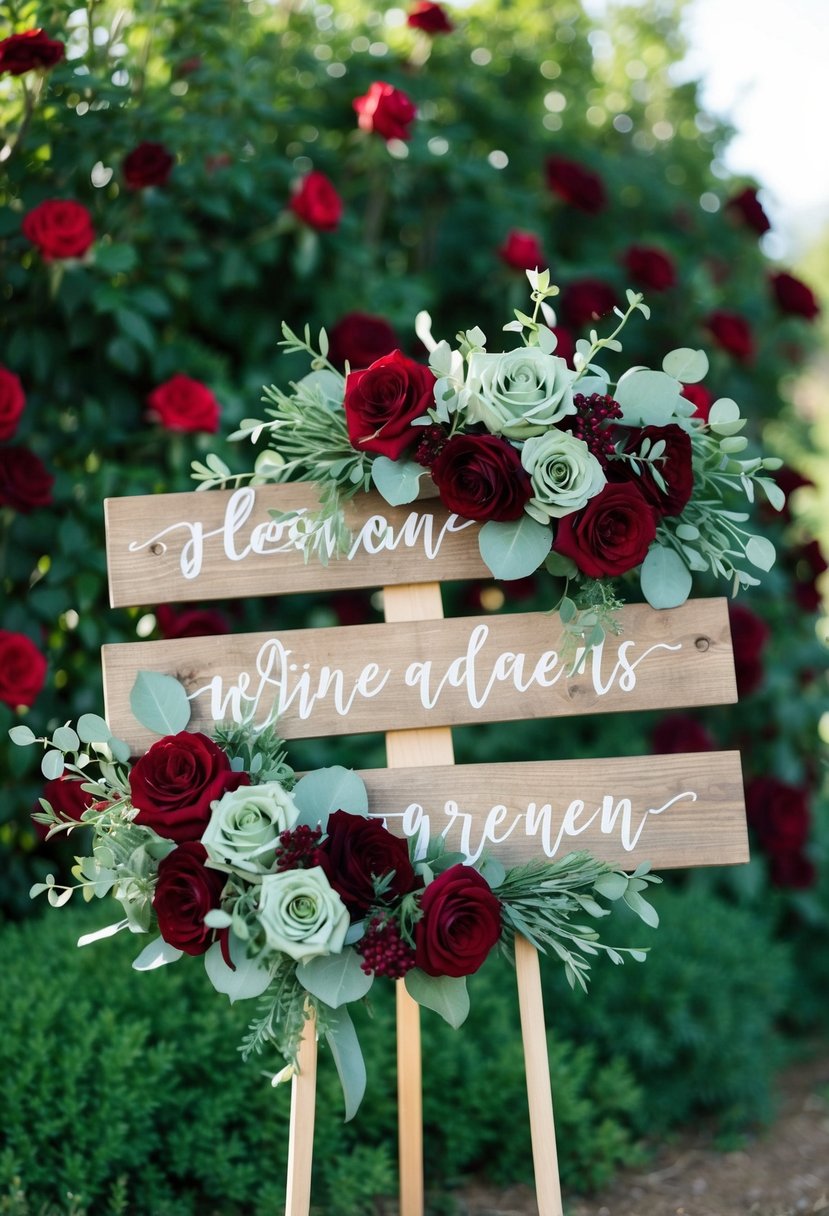 A rustic wooden sign adorned with sage green and wine red floral arrangements, set against a backdrop of lush greenery and deep red roses