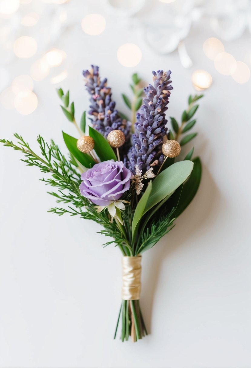 A lavender boutonniere with gold accents against a white background