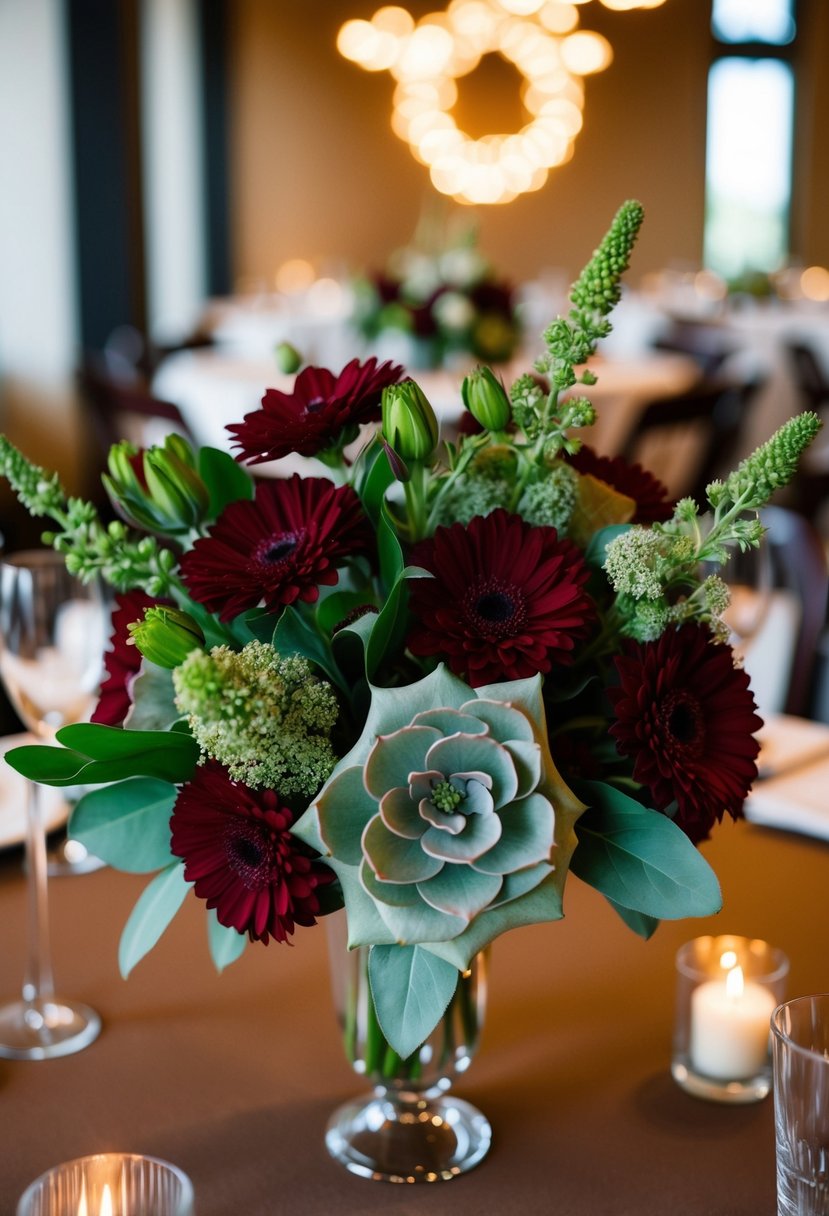 Wine red and sage green flowers arranged in a wedding centerpiece