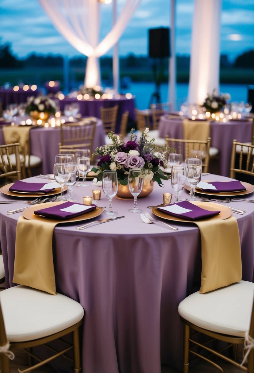 A table set with lavender and gold linens for a wedding reception