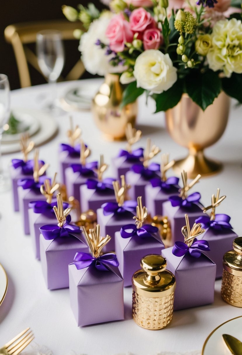 Lavender and gold wedding favors arranged on a table with floral decor and gold accents