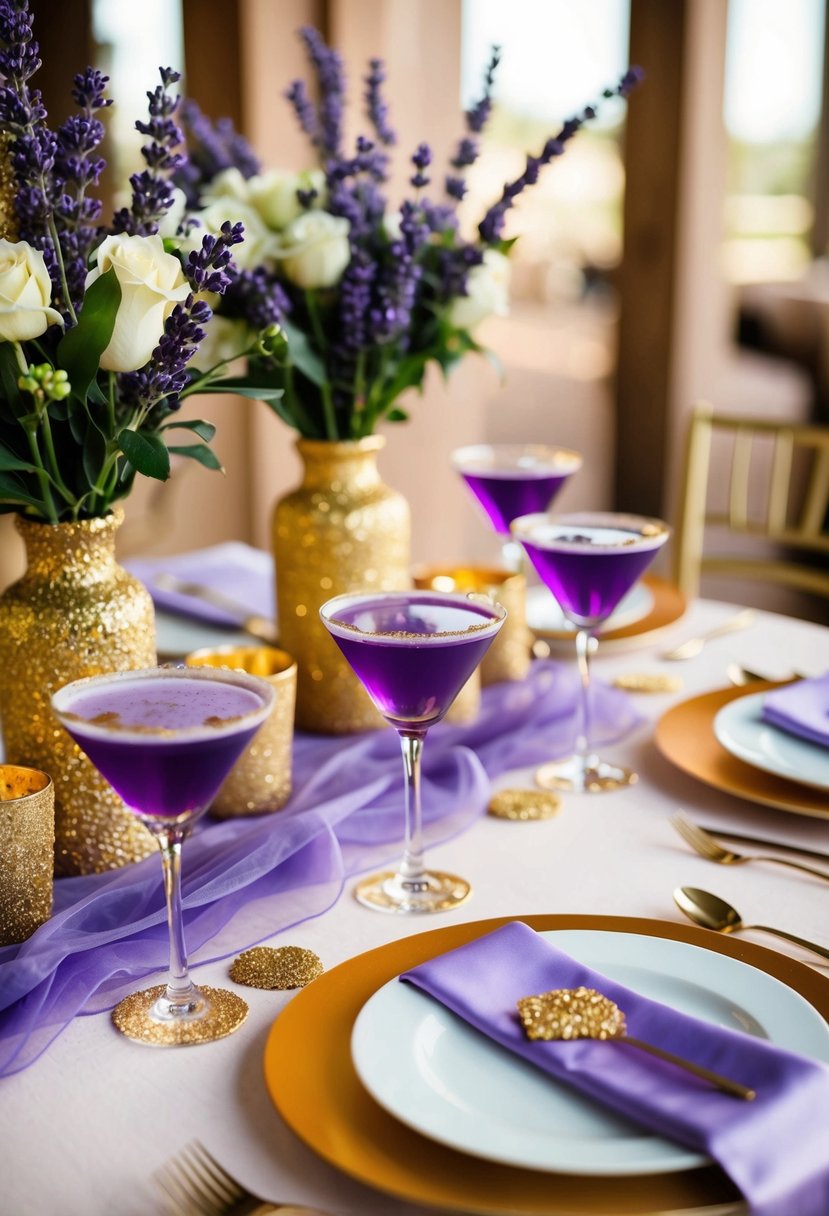 A table set with lavender cocktails, gold glitter, and lavender and gold wedding decor