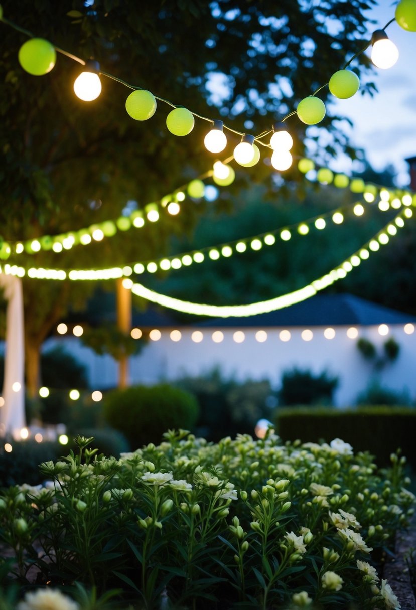 A dimly lit garden adorned with lime green string lights, casting a romantic glow over the wedding venue