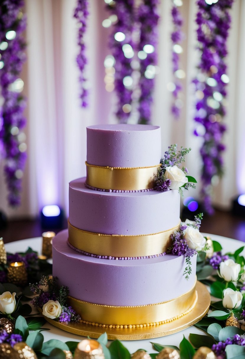 A three-tiered wedding cake with gold trim and lavender icing, surrounded by lavender and gold floral decorations