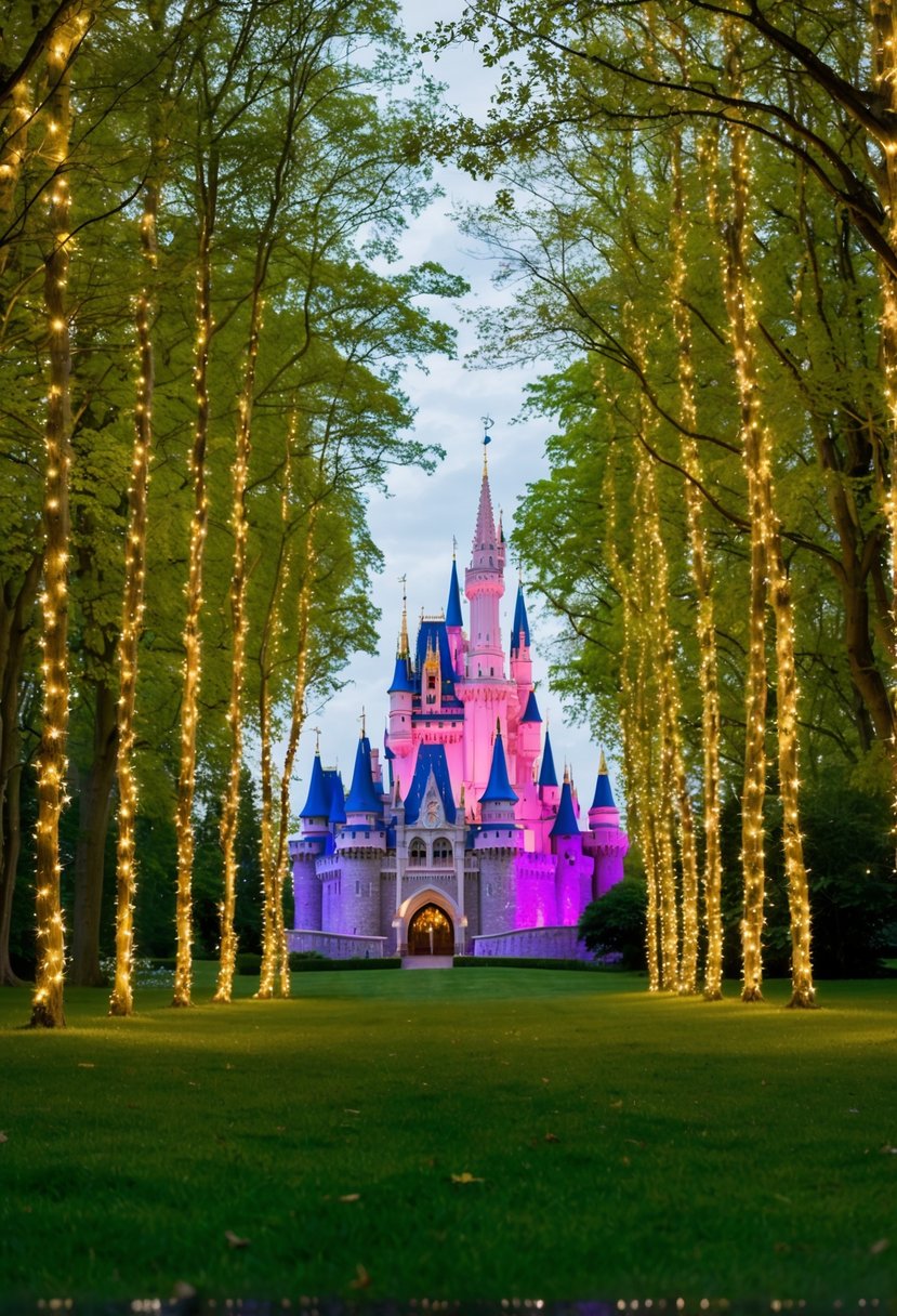 A lime green forest with sparkling fairy lights and a magical castle in the background