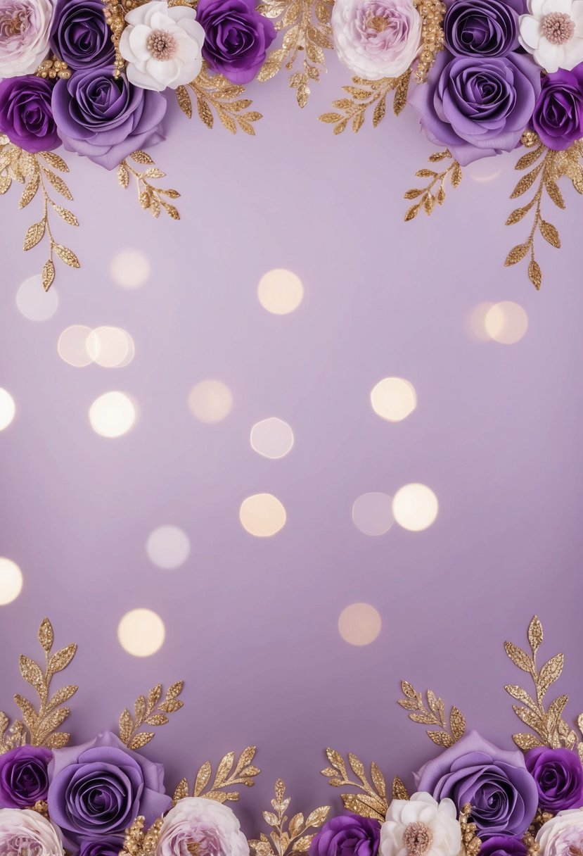 A lavender and gold photo booth backdrop with elegant floral patterns and shimmering gold accents