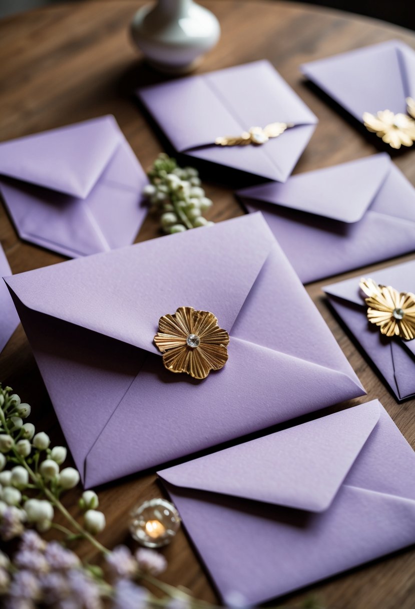 Lavender envelopes and gold foil accents on wedding invitations