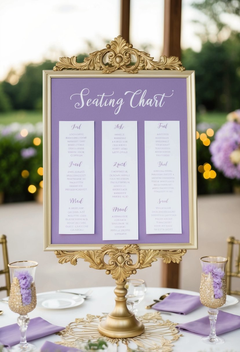 A lavender and gold seating chart displayed on a decorative table with lavender and gold wedding color accents