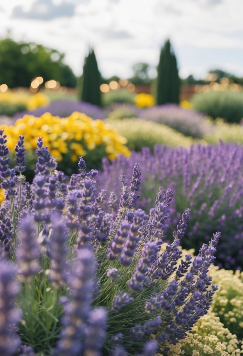 A lavender and gold flower garden with blooming flowers and golden accents