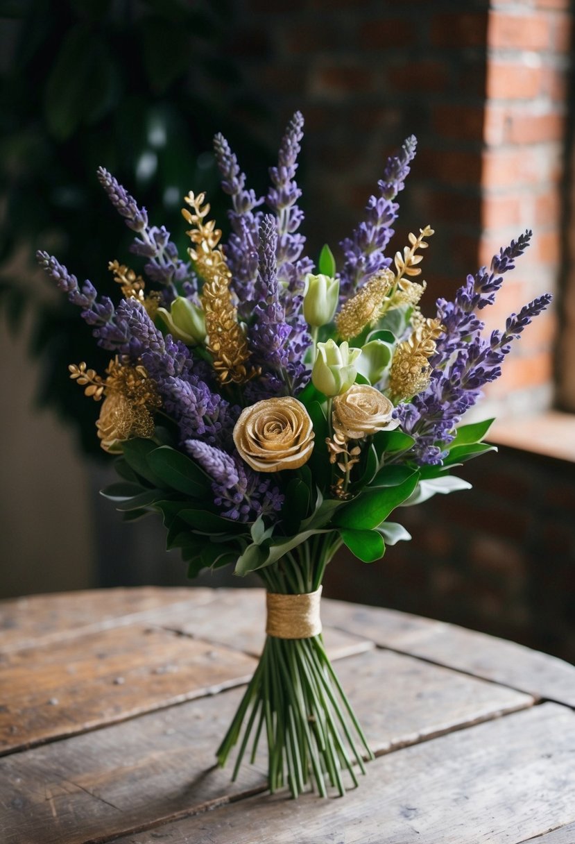 A bouquet of lavender and gold flowers arranged on a rustic wooden table