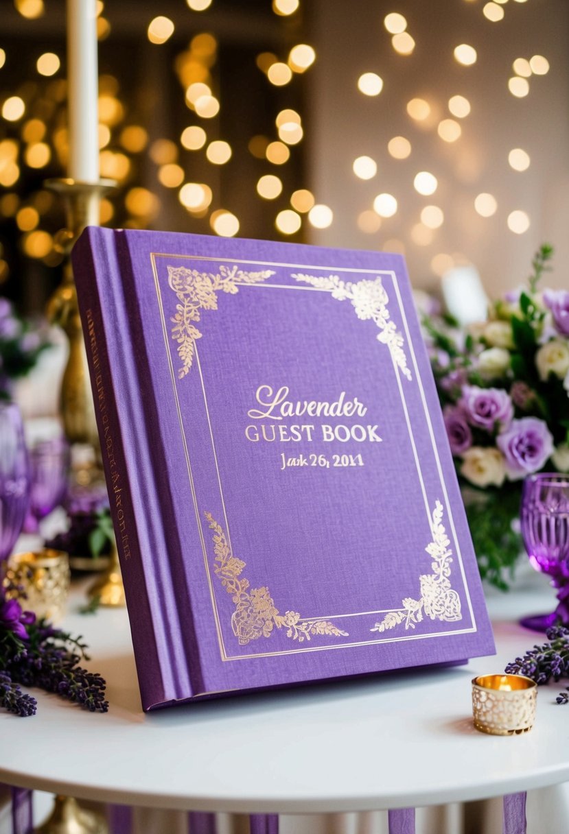 A lavender guest book with gold embossing sits on a table, surrounded by lavender and gold wedding decor