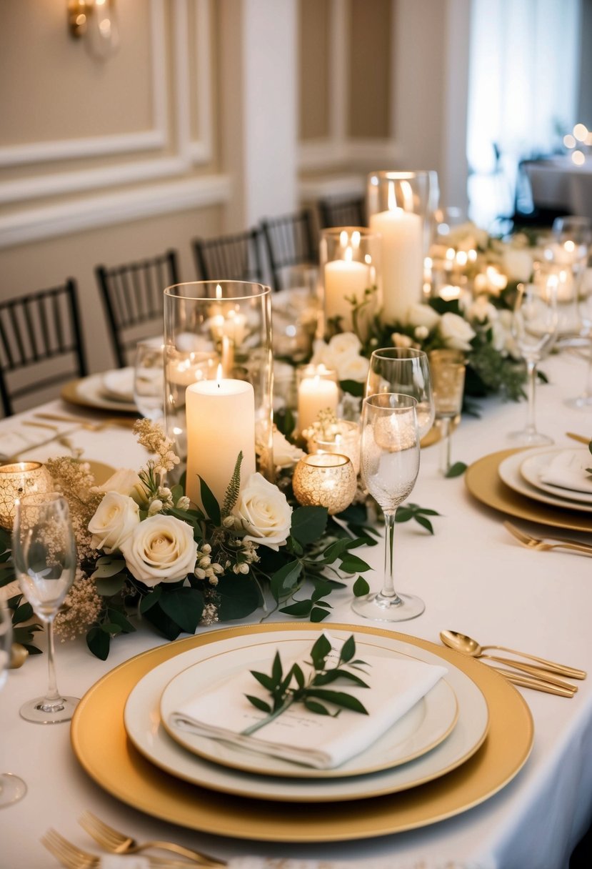 A luxurious gold and white wedding table setting with elegant floral centerpieces and shimmering candlelight