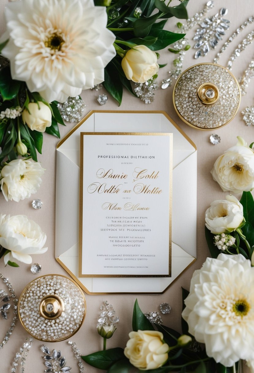 A luxurious gold and white wedding invitation surrounded by elegant floral arrangements and shimmering decor