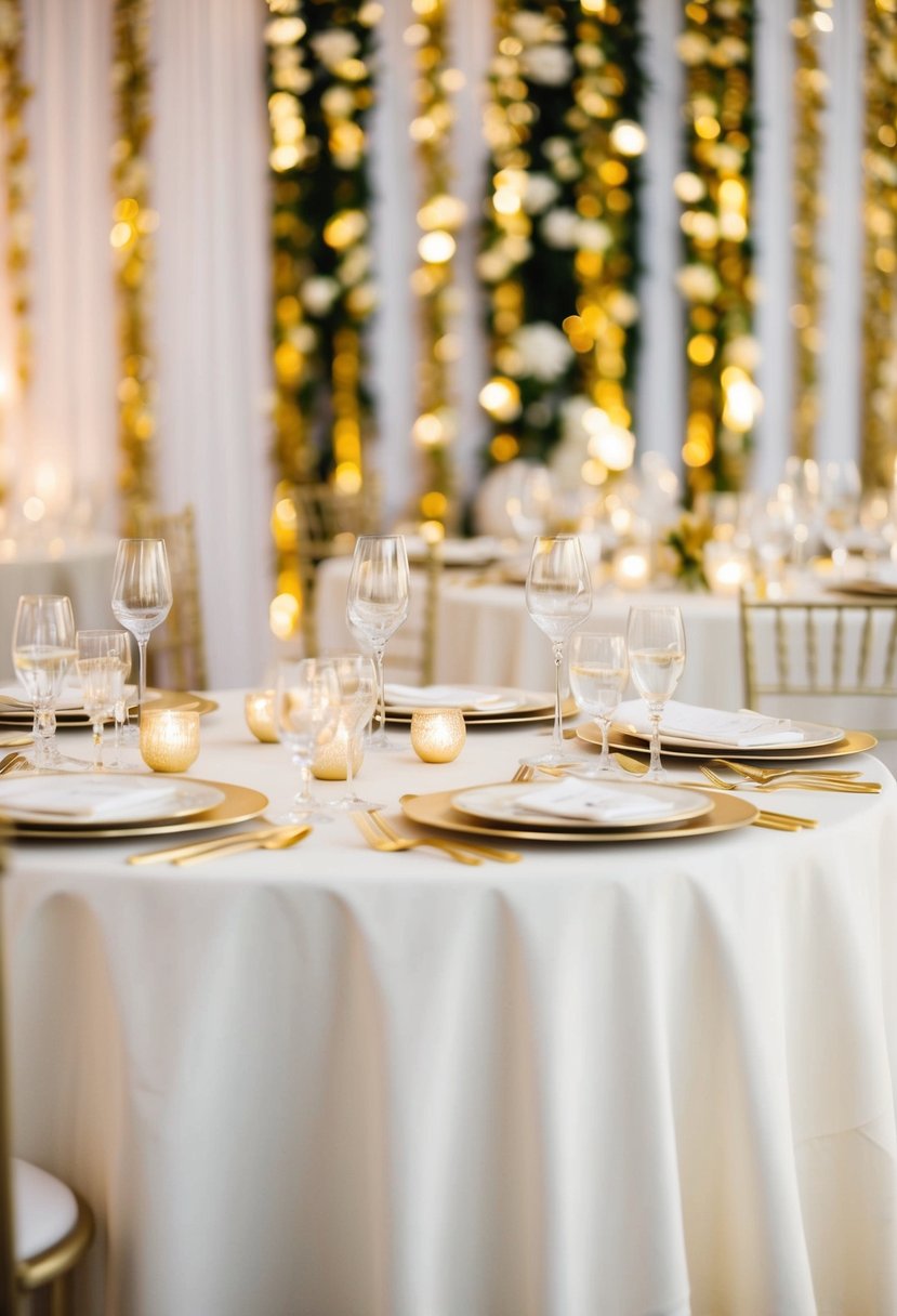 Ivory table linens adorned with gleaming gold cutlery, set against a backdrop of white and gold wedding decor