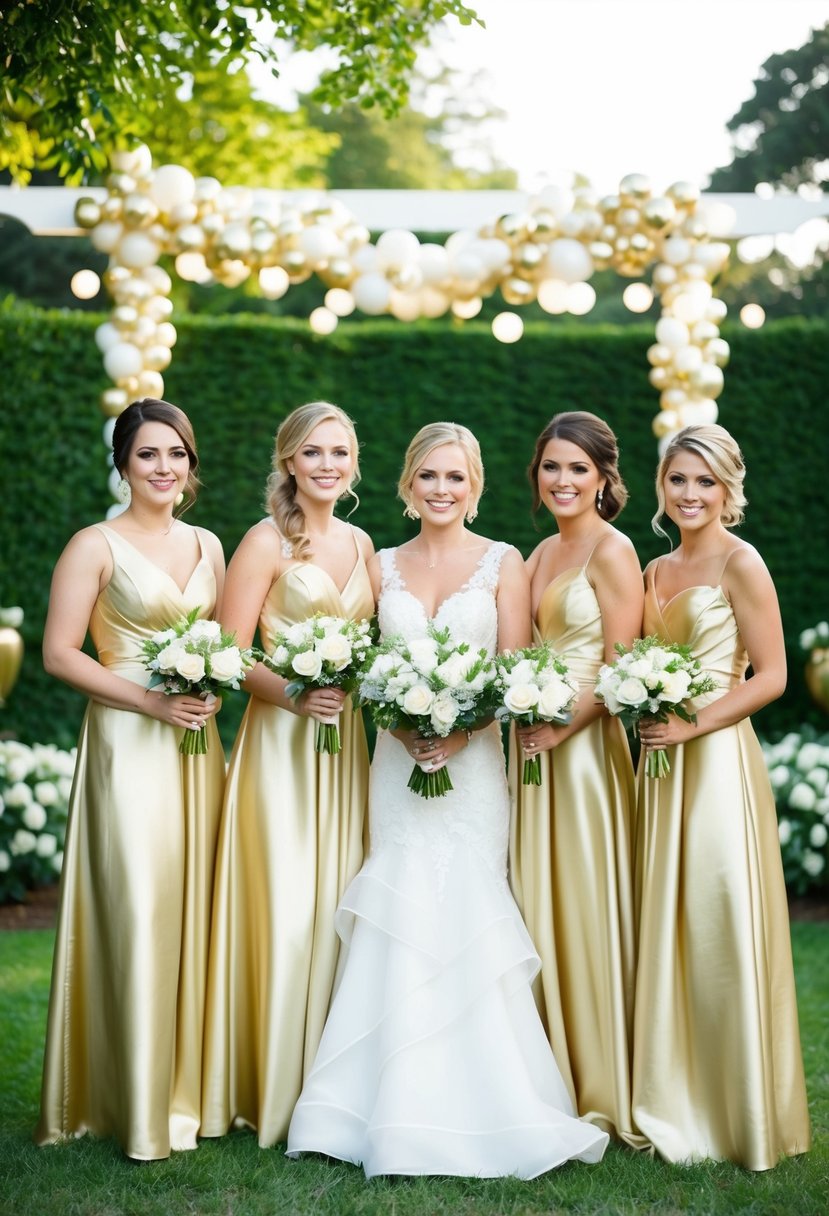 Gold bridesmaid dresses with white corsages in a garden wedding setting with gold and white decor