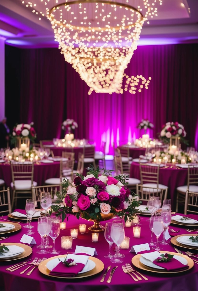 A lavish magenta wedding reception with floral centerpieces, elegant table settings, and twinkling fairy lights creating a romantic atmosphere