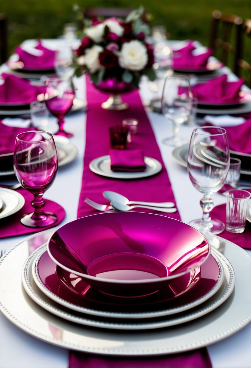 A table set with magenta and silver dishes, glassware, and linens for a deep magenta wedding theme