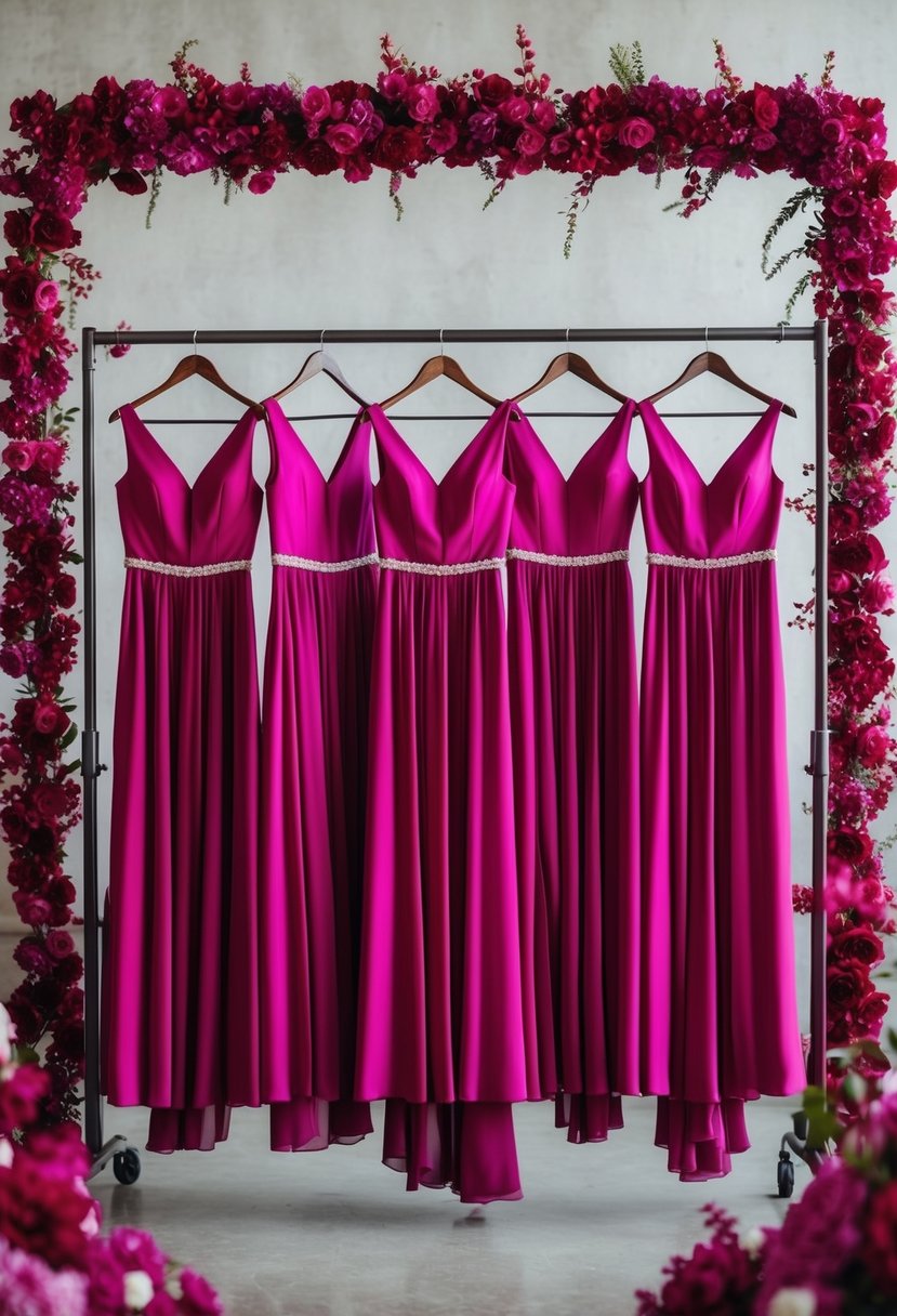 A group of bright magenta bridesmaid dresses hang on a rack, surrounded by deep magenta floral arrangements and decor