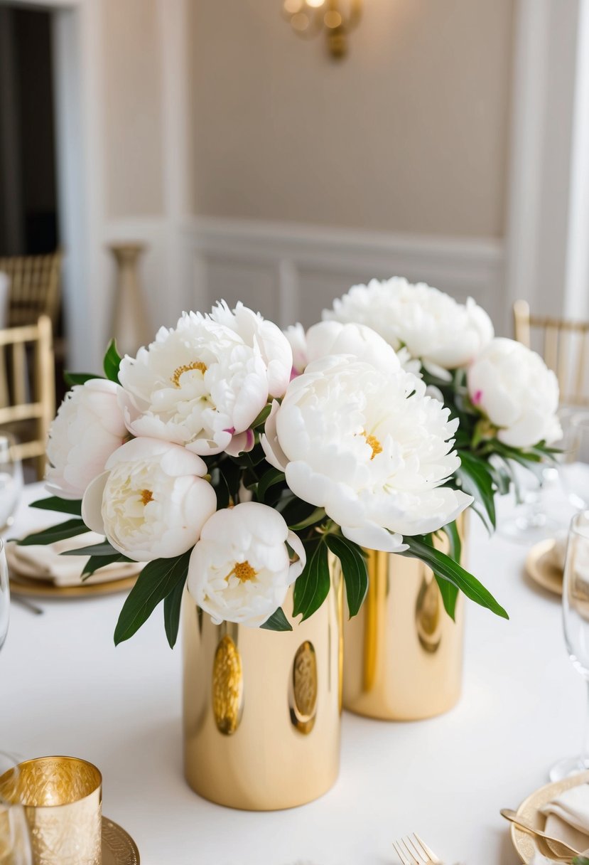 White peonies arranged in gold vases, creating elegant centerpieces for a gold and white themed wedding