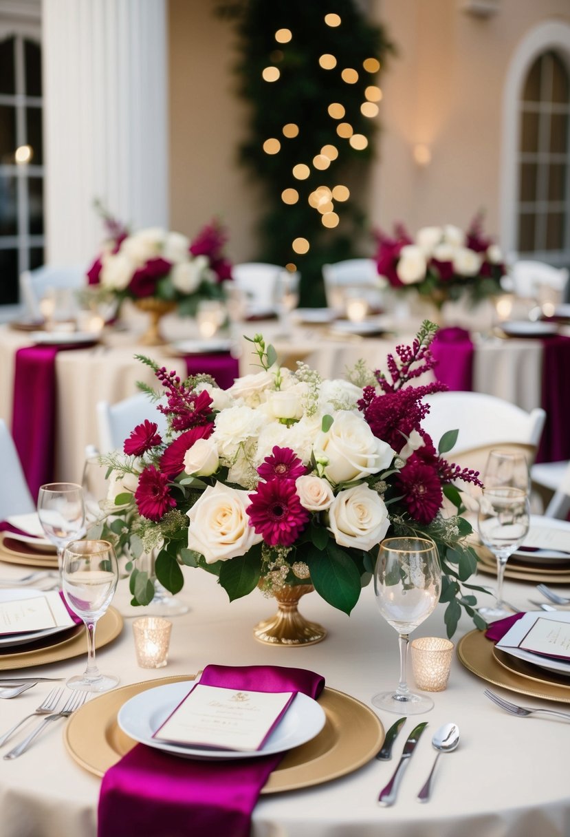 A table set with cream and magenta floral arrangements, creating a rich and elegant wedding theme