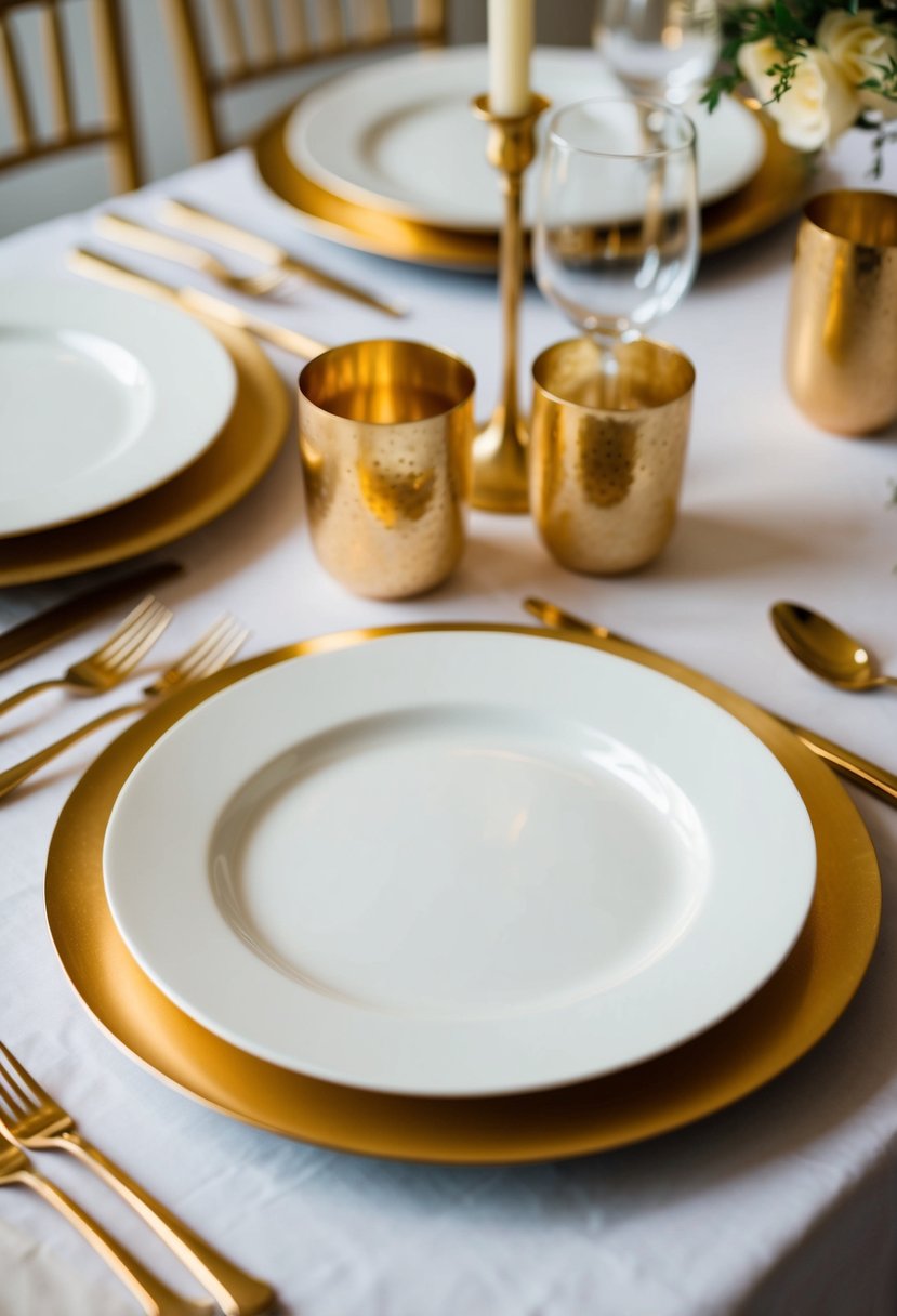 Metallic gold chargers with white plates on a table