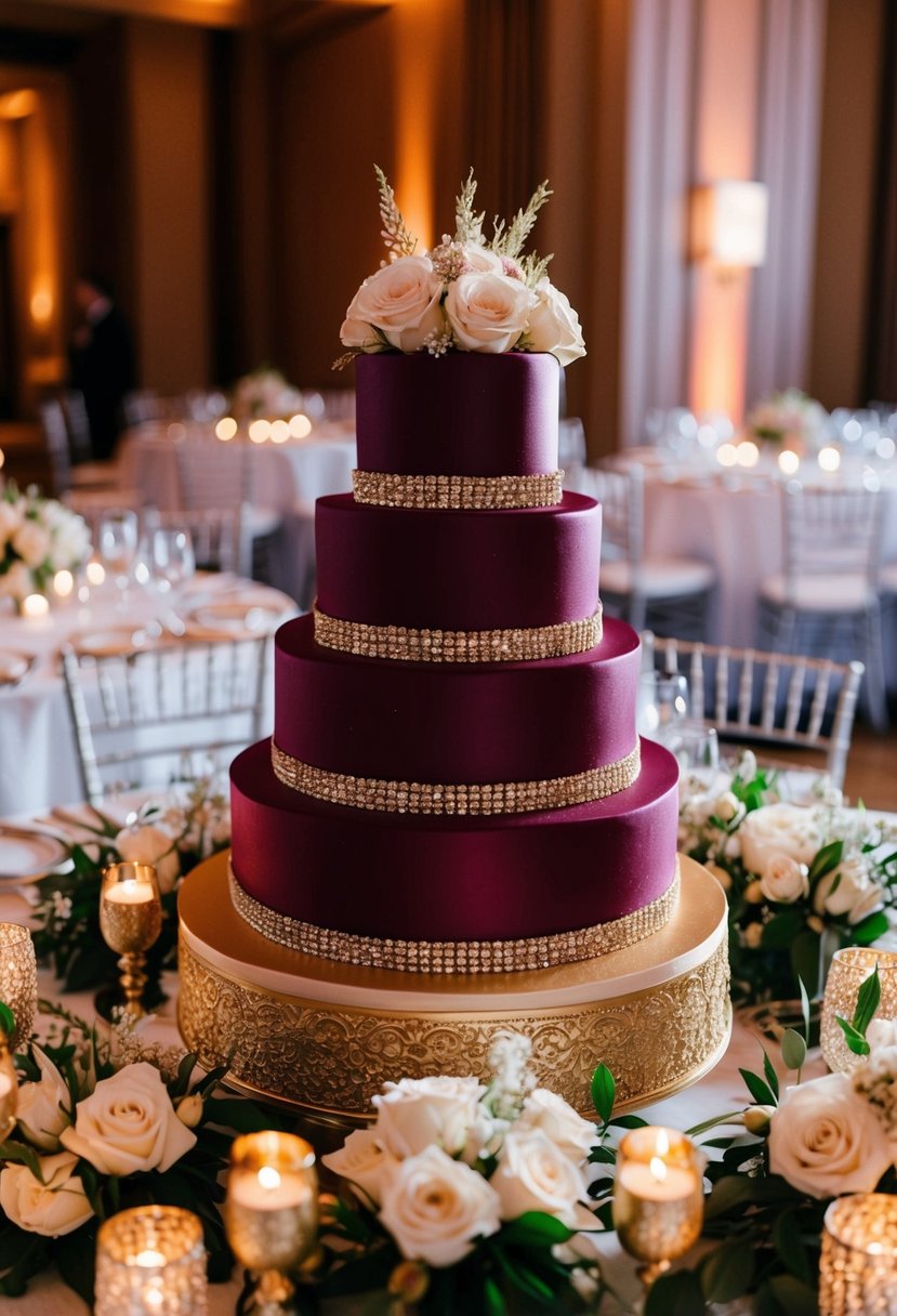 A deep magenta wedding cake adorned with elegant gold accents stands as the centerpiece of a lavish reception, surrounded by matching floral arrangements and shimmering table settings