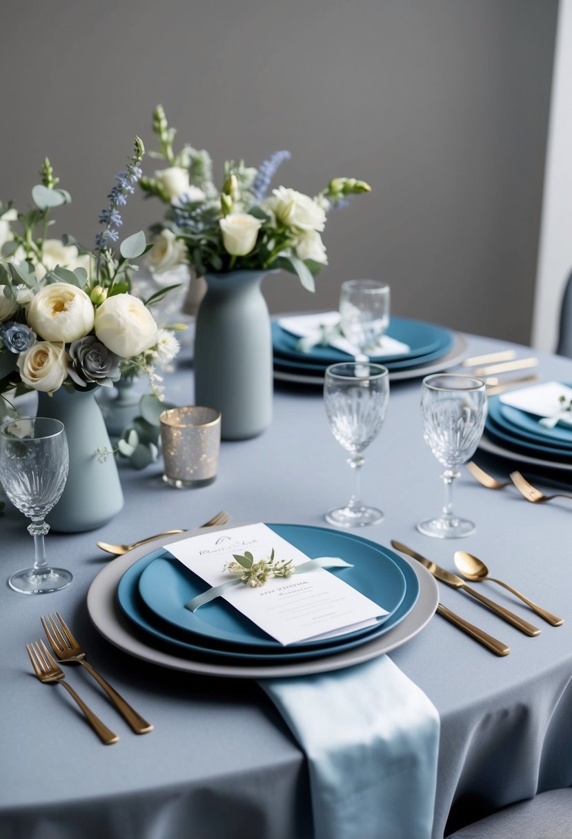 A dusty blue and grey wedding scene with elegant table settings, soft florals, and delicate ribbon accents