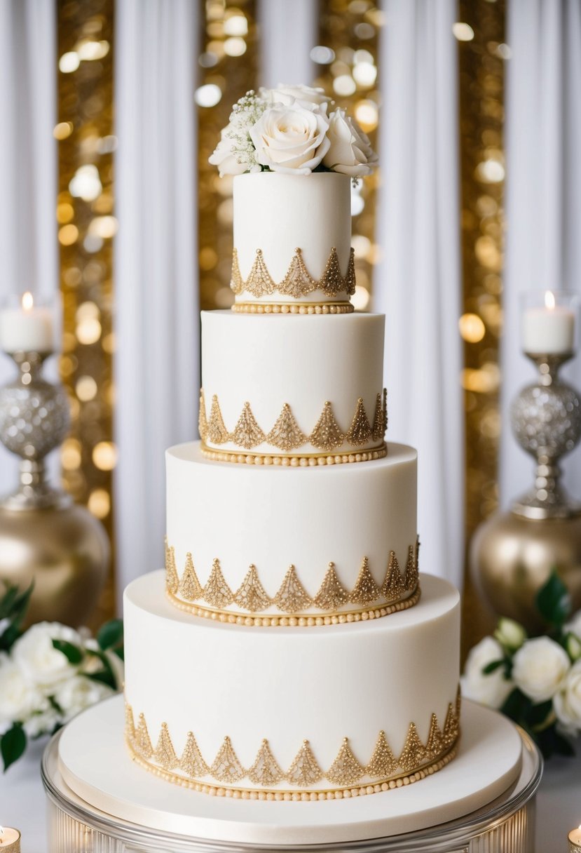 A tiered white wedding cake adorned with intricate gold details, set against a backdrop of elegant gold and white decor