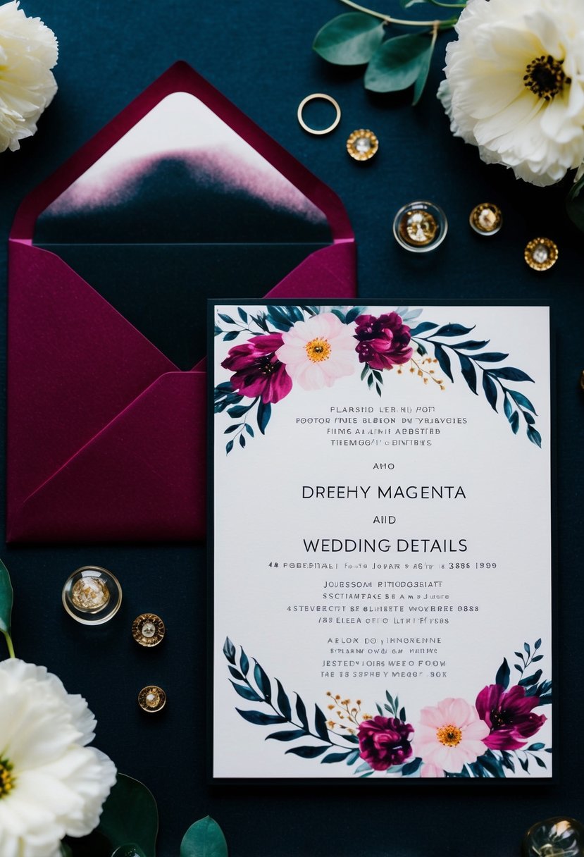 A deep magenta wedding invitation with black accents and floral details