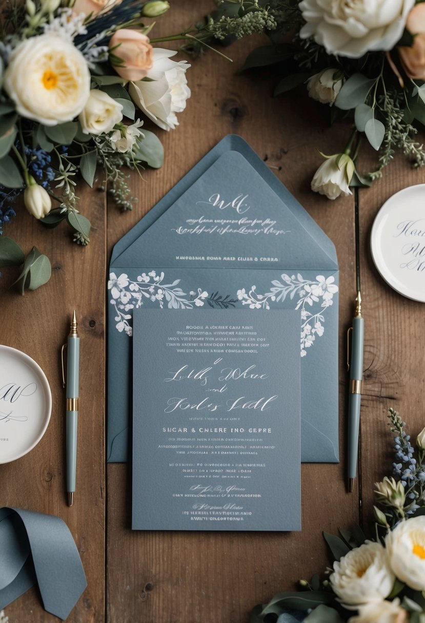 A dusty blue and grey wedding invitation suite displayed on a rustic wooden table, surrounded by delicate floral arrangements and vintage calligraphy pens