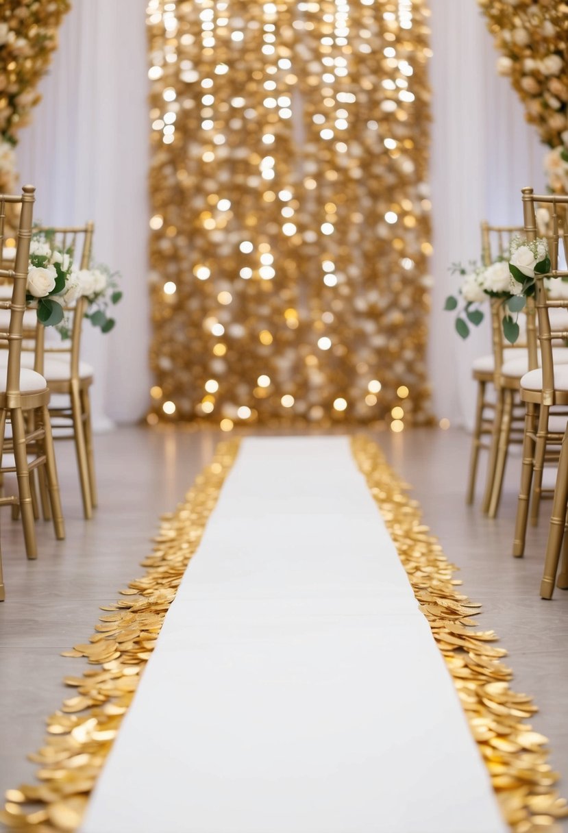 A white aisle runner lined with gold petals, set against a backdrop of gold and white wedding decor