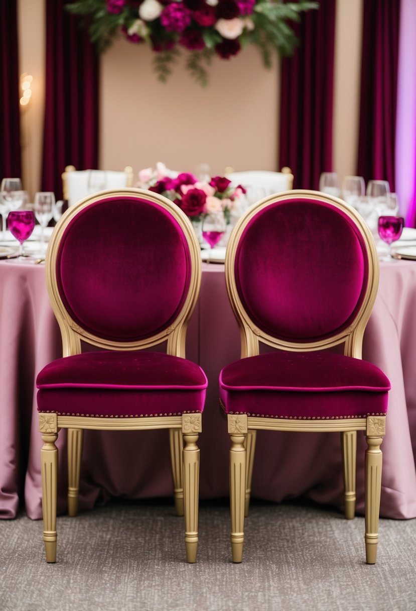 Two magenta velvet guest chairs in a luxurious setting with deep magenta wedding decor and accents