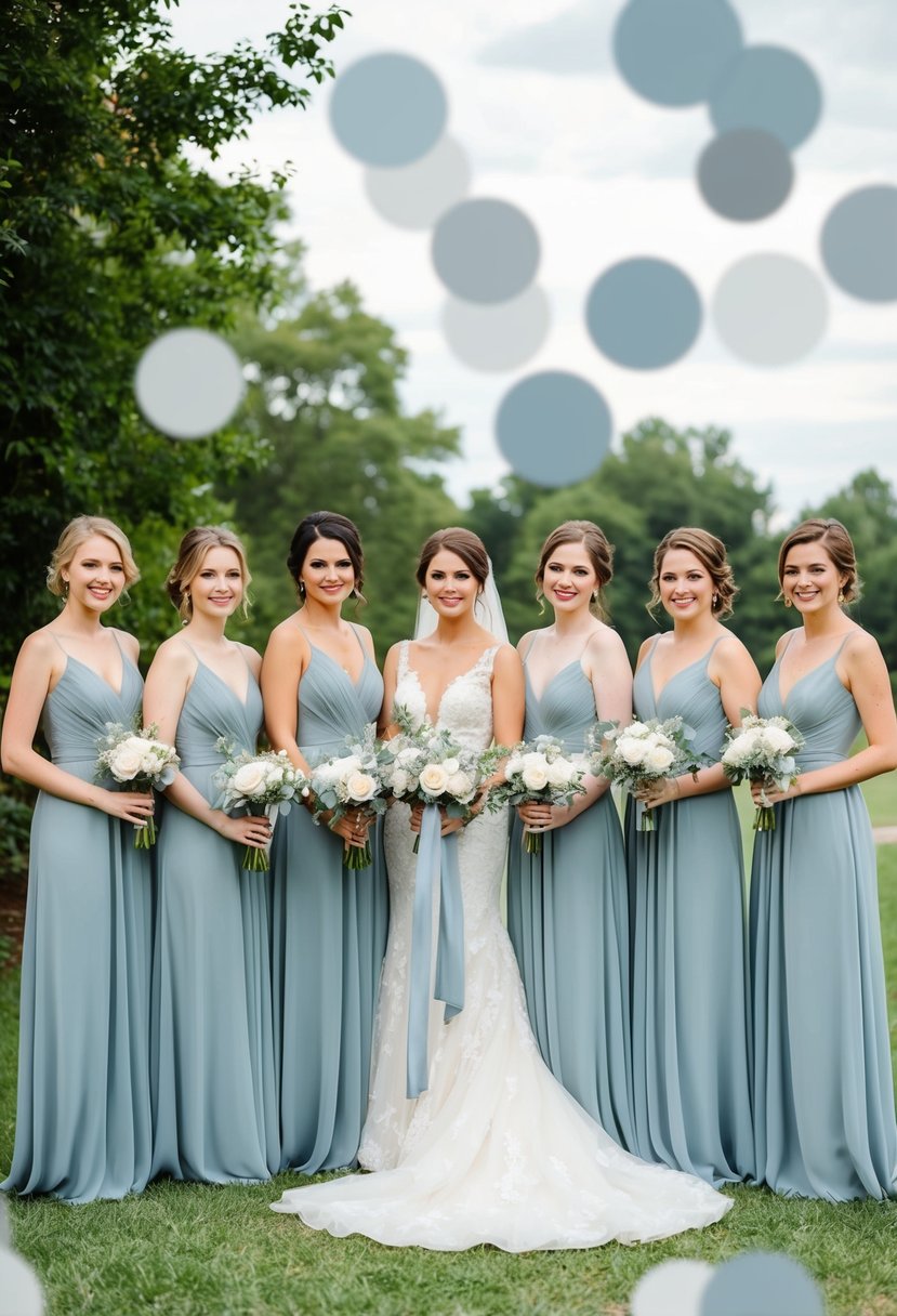 A group of elegant dusty blue bridesmaid dresses arranged in a romantic wedding setting with touches of soft grey accents